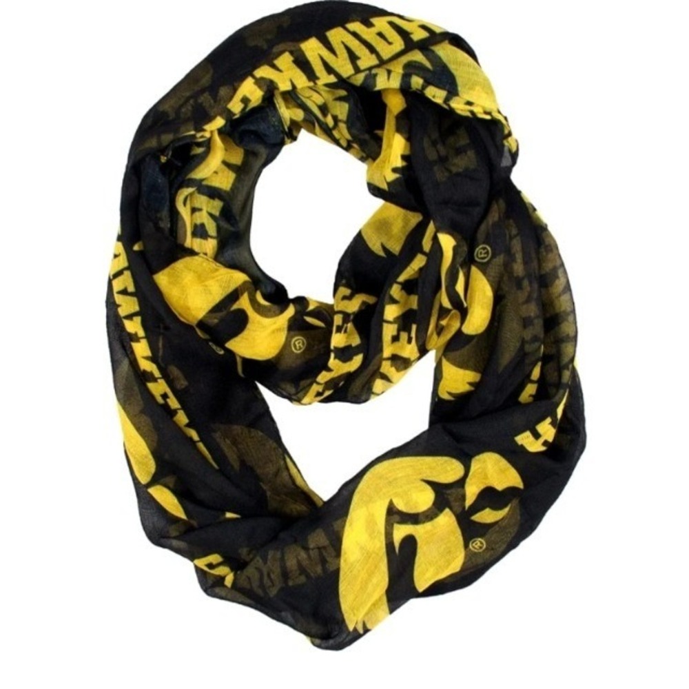 Iowa Hawkeyes NCAA Infinity Scarf Black Gold Logo Print Lightweight Fan Gear NEW